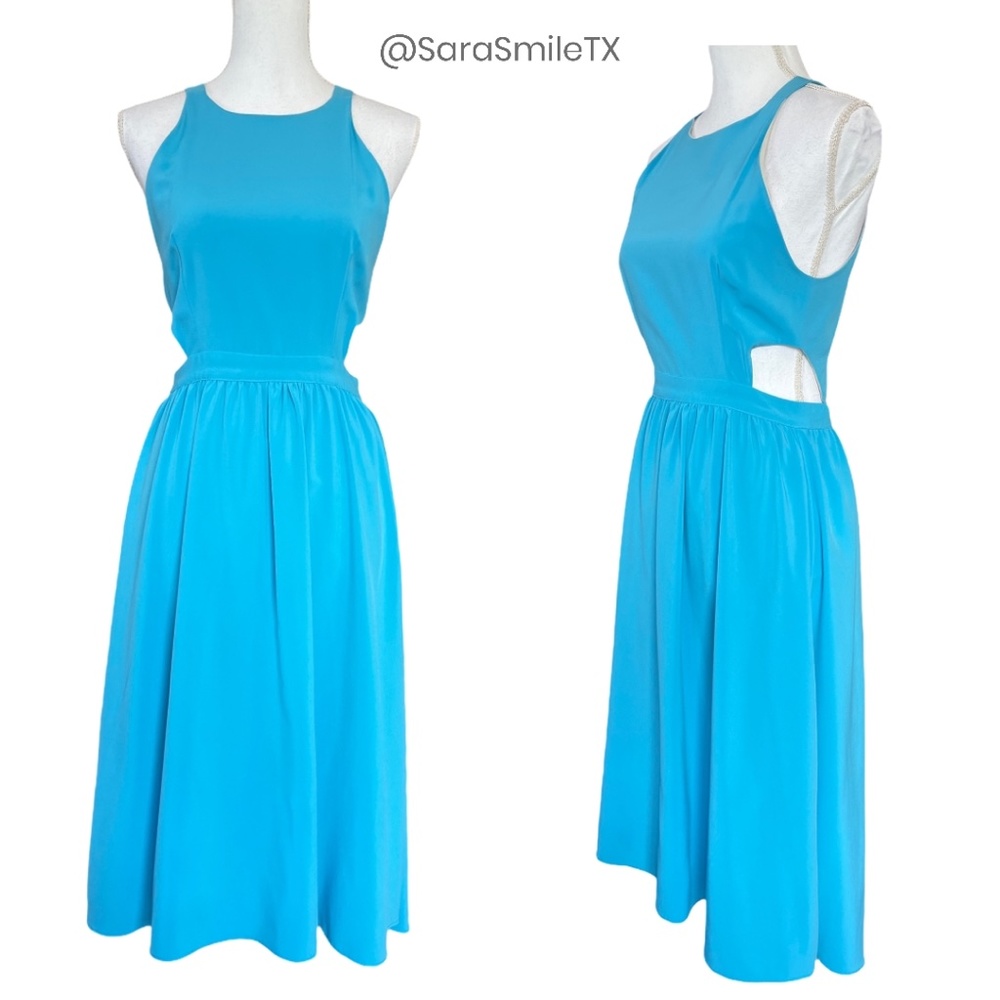 KAREN ZAMBOS - Tara - Designer Vibrant Sky Blue Cutout Hi-Lo Midi Summer Dress